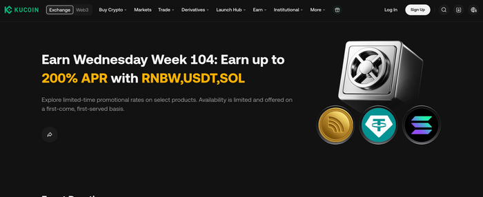 KuCoin lança Earn quarta-feira semana 104: RNBW apresenta uma APR estimada de 200%