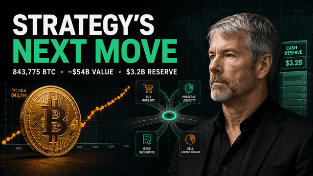 Strategy Holds 843,775 BTC Worth ~$54B as $3.2B Cash Reserve Grows and Michael Saylor Teases Next Move