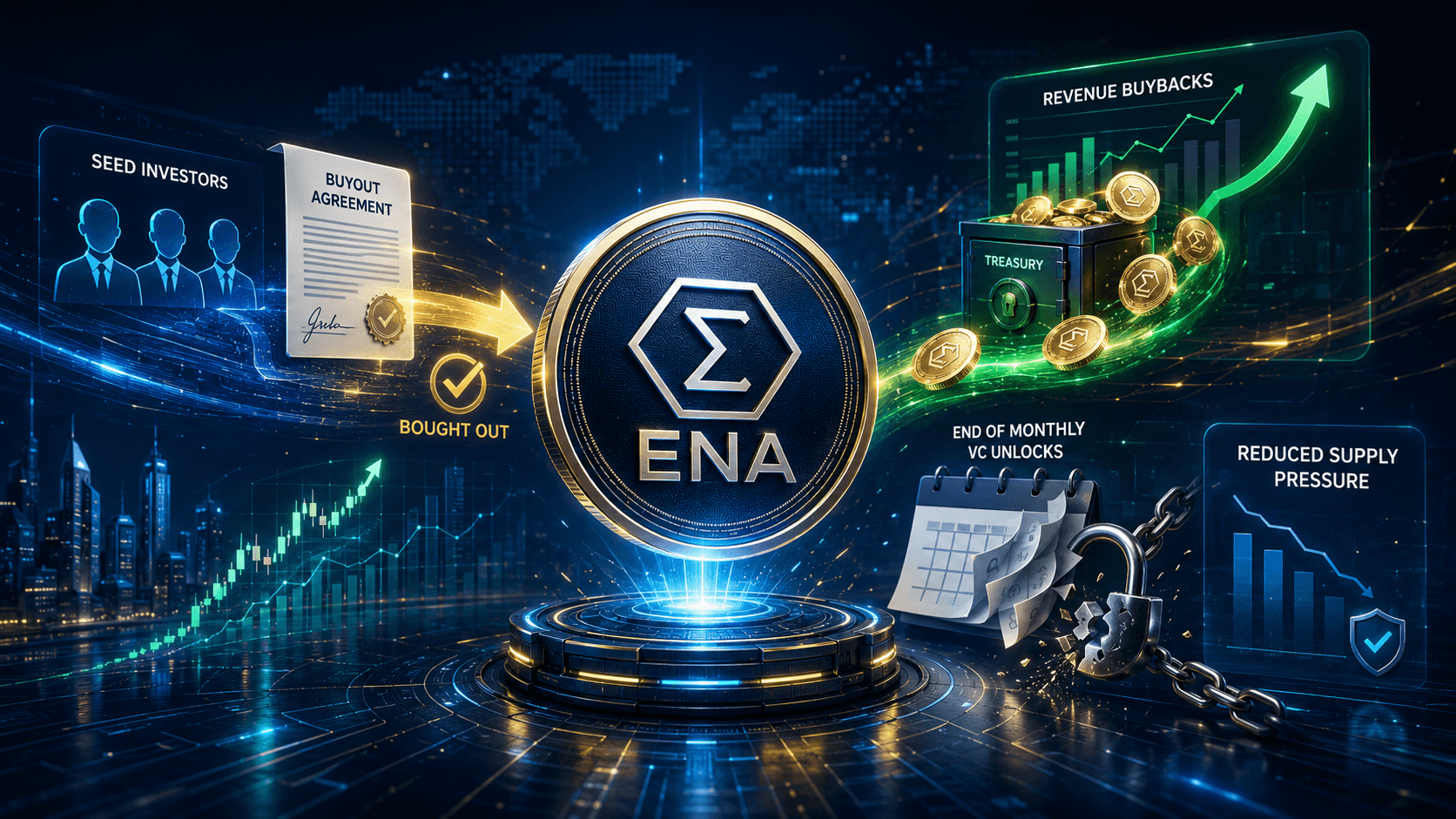 Ethena ปรับโครงสร้างโทเค็น ENA ด้วยการซื้อคืนจากนักลงทุนSeed การซื้อคืนรายได้ และการเลิกปลดล็อกรายเดือนของ VC