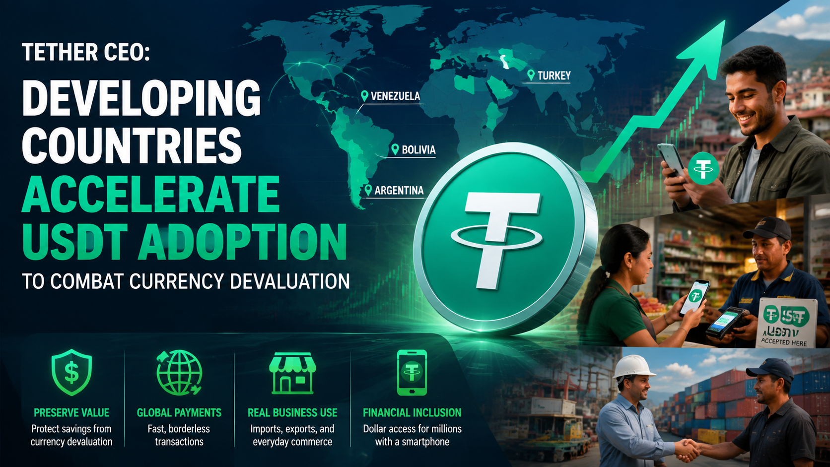 การรับใช้ USDT เพิ่มขึ้นอย่างมากในประเทศกำลังพัฒนา โดย Tether กลายเป็นเครื่องมือป้องกันความเสี่ยงจากการลดค่าสกุลเงิน