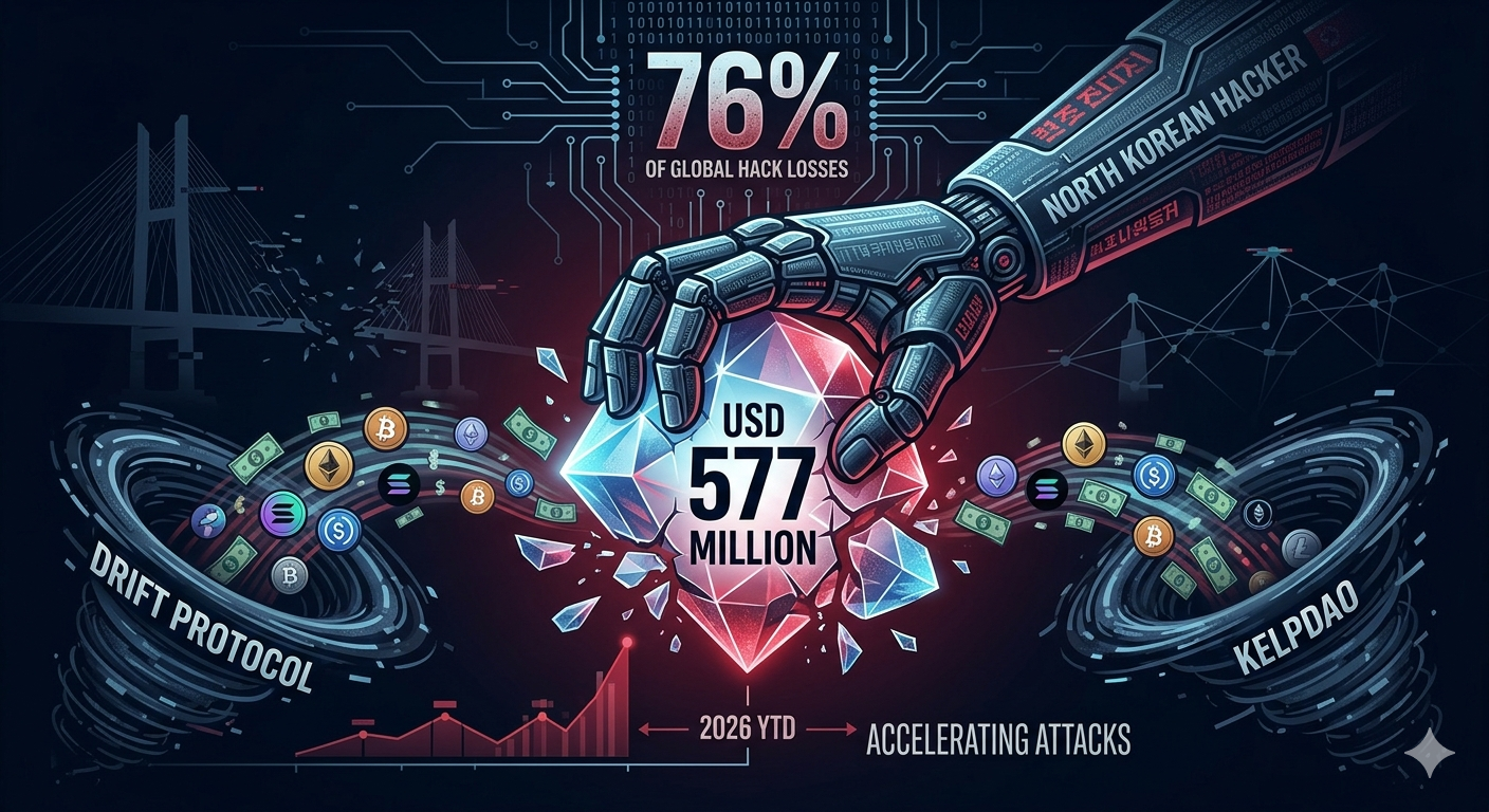 การโจมตีทางไซเบอร์ของเกาหลีเหนือปี 2026: ถูกขโมยเงิน 577 ล้านดอลลาร์สหรัฐในเหตุการณ์โจมตี Drift Protocol และ KelpDAO