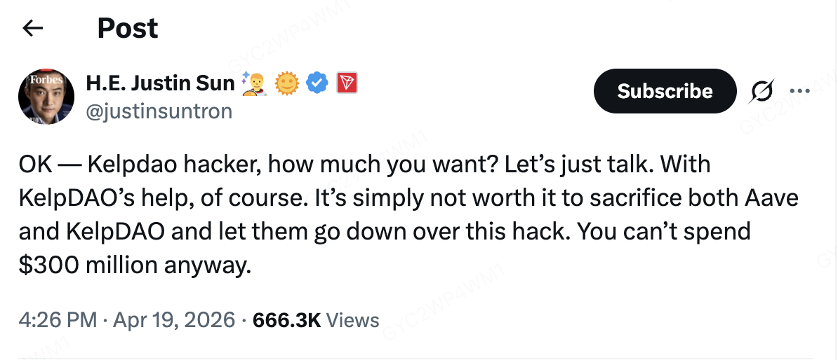 Justin Sun comments on the KelpDao hack