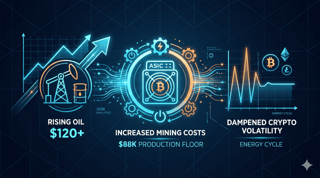 In what ways do rising oil prices increase Bitcoin mining costs and dampen crypto volatility?