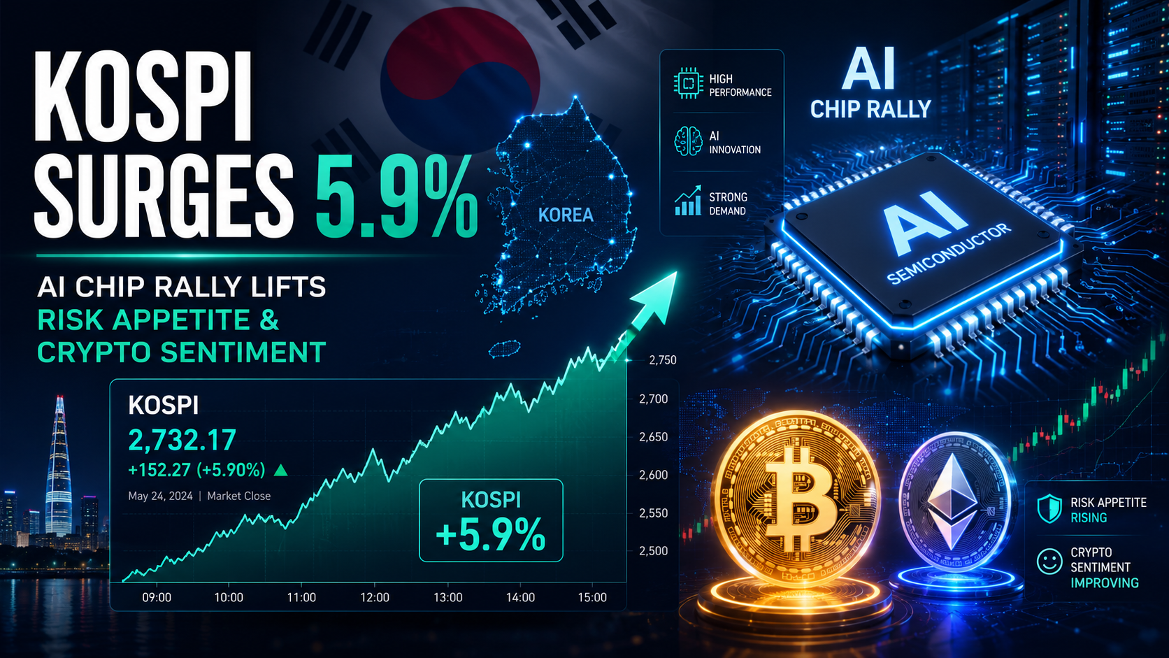 KOSPI ของเกาหลีใต้พุ่งขึ้น 5.9% จากการฟื้นตัวของชิป AI ที่หนุนความต้องการเสี่ยงทั่วโลกและอารมณ์ตลาดคริปโต