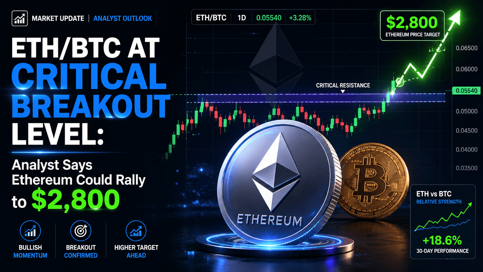 ETH/BTC อยู่ที่ระดับการพังทลายสำคัญ: นักวิเคราะห์ระบุว่า Ethereum อาจพุ่งขึ้นไปแตะ $2,800