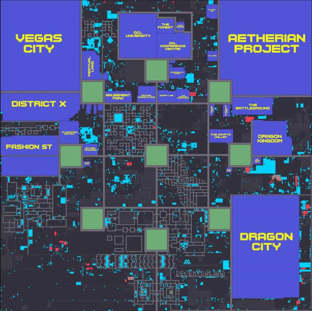 Decentraland: A virtual world on Ethereum where users can buy NFT land, create activities, stores, or host events