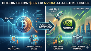 Bitcoin упал ниже $66 000, в то время как Nvidia достиг рекордных максимумов: происходит ли перераспределение капитала из криптовалют в ИИ?