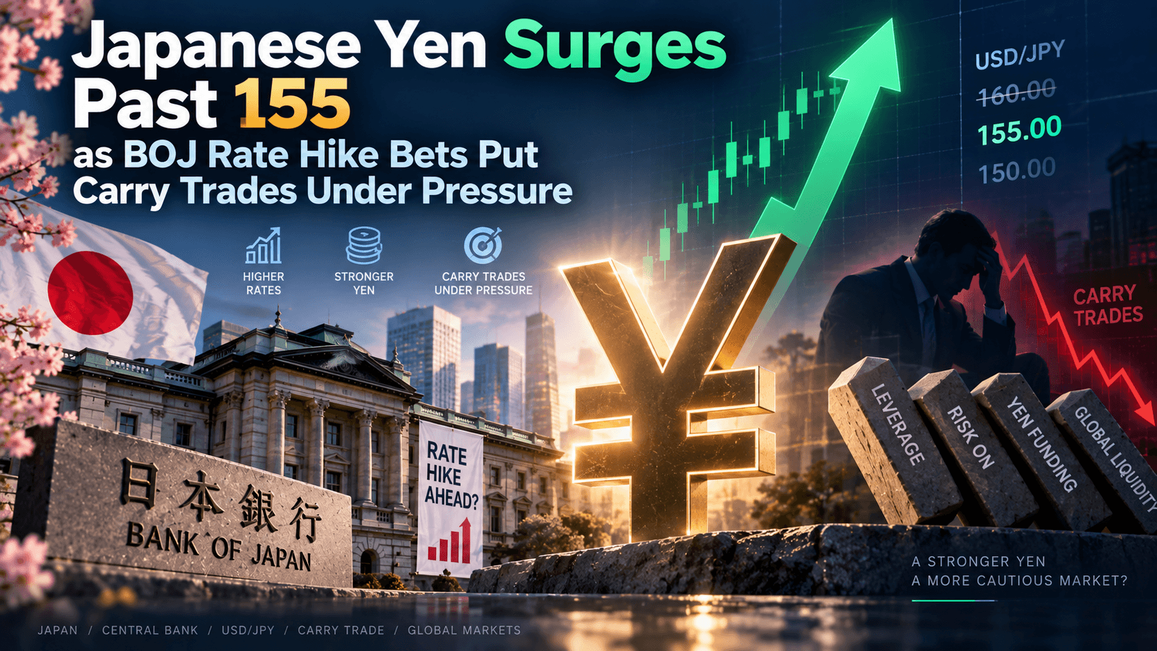 Japanese Yen Surges Past 155 as BOJ Rate Hike Bets Put Carry Trades Under Pressure