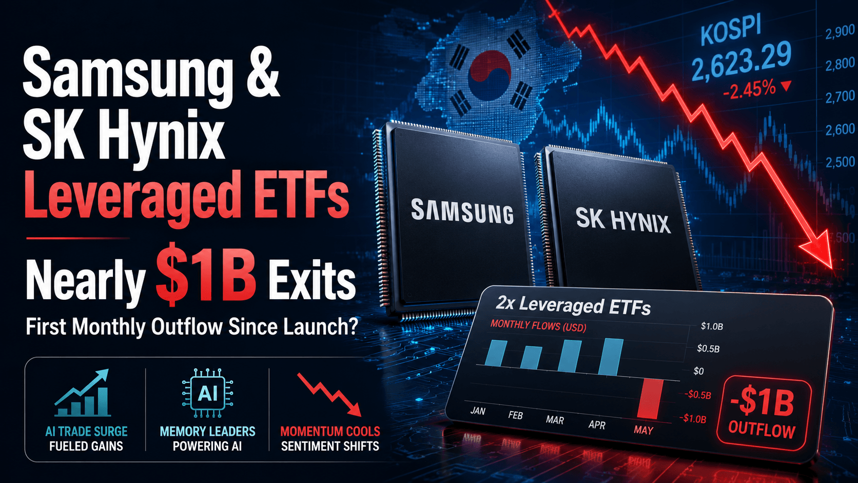 ETF ที่ใช้เลเวอเรจของ Samsung และ SK Hynix มีกระแสเงินออกเป็นครั้งแรกนับตั้งแต่เปิดตัว โดยมีเงินออกกว่า 1 พันล้านดอลลาร์