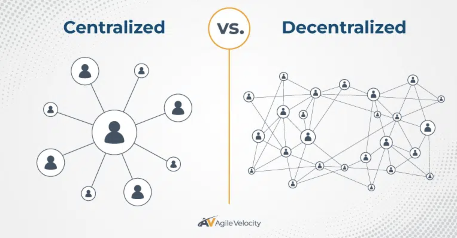 Decentralized systems distribute data across all nodes, unlike centralized systems where power is controlled by a single organization.