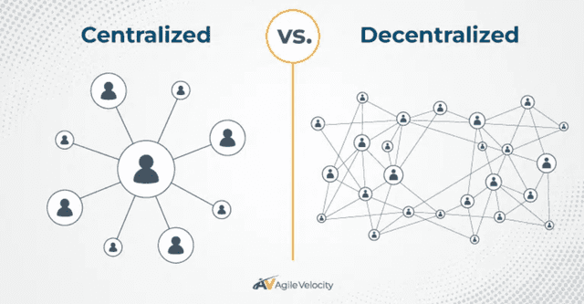 Decentralized systems distribute data across all nodes, unlike centralized systems where power is controlled by a single organization.