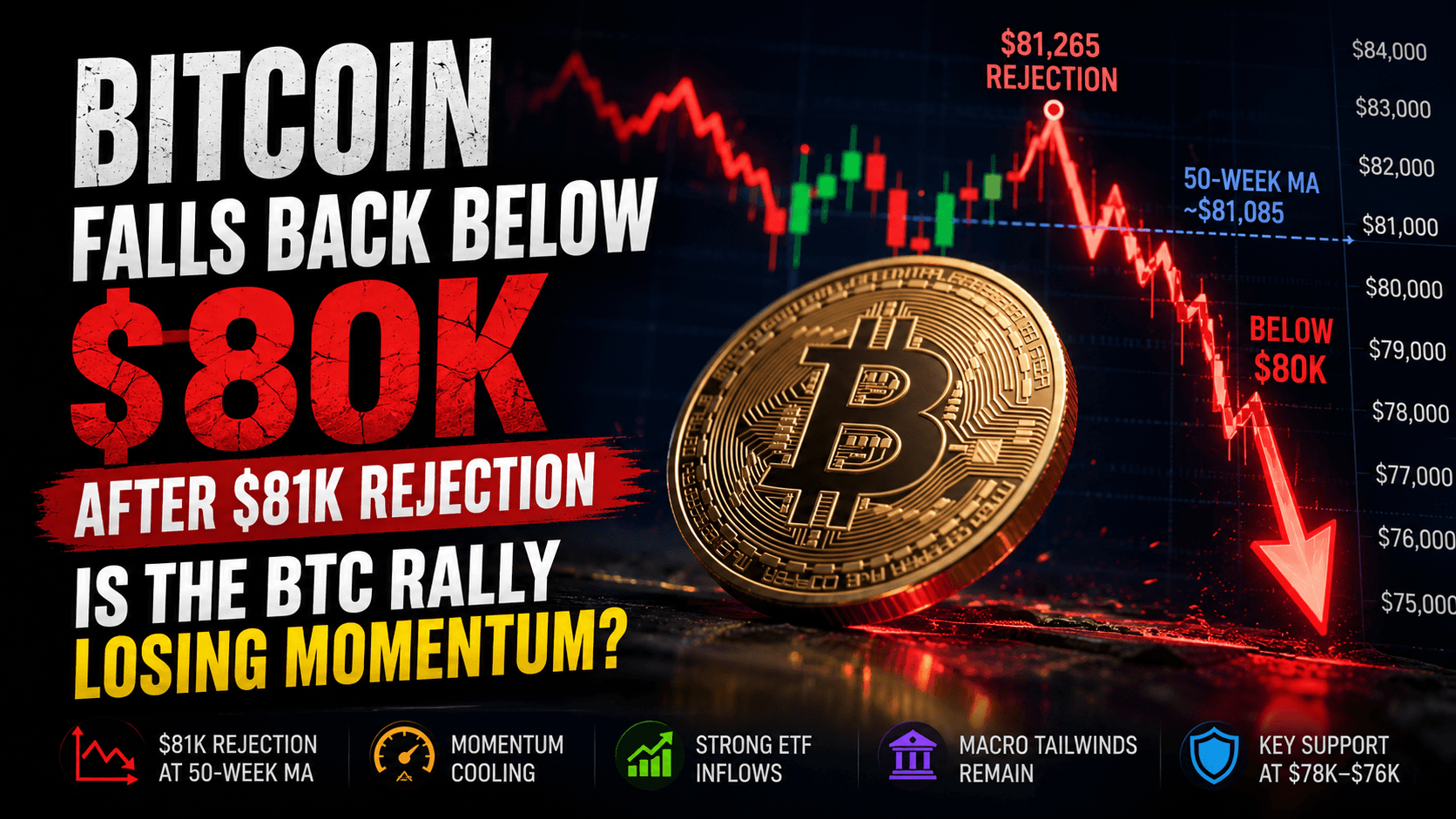 Bitcoin กลับต่ำกว่า 80,000 ดอลลาร์หลังจากถูกผลักกลับที่ระดับ 81,000 ดอลลาร์: การฟื้นตัวของ BTC กำลังสูญเสียแรงผลักดันหรือไม่?