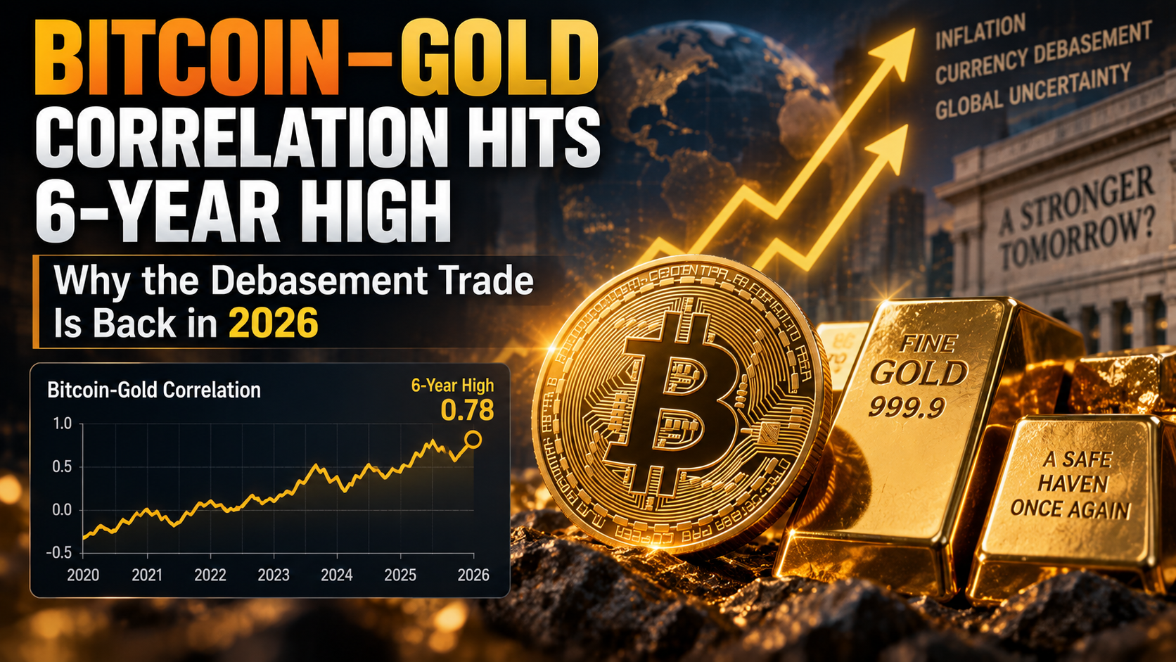 ความสัมพันธ์ระหว่าง Bitcoin กับ Gold แตะระดับสูงสุดในรอบ 6 ปี: เหตุใดการซื้อขายที่ลดคุณค่าจึงกลับมาอีกครั้งในปี 2026